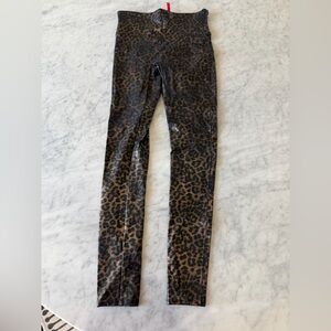 SPANX Faux Leather Leopard Print Leggings Medium High Rise Coated Pull On
